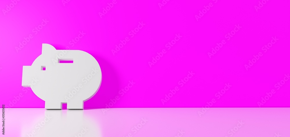 Poster 3d rendering of white symbol of piggy bank icon leaning on color wall with floor reflection with emp