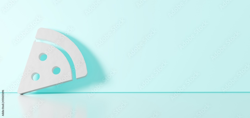 Poster 3d rendering of white symbol of pizza slice icon leaning on color wall with floor reflection with em