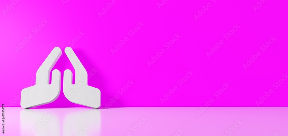 Poster 3d rendering of white symbol of praying hands icon leaning on color wall with floor reflection with 
