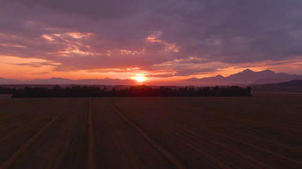 Fototapeta na wymiar DRONE: Golden sunrise gently illuminates the tranquil farmland in Slovenia.
