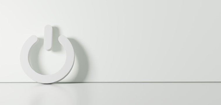 3D rendering of white symbol of power icon leaning on color wall with floor reflection with empty space on right side