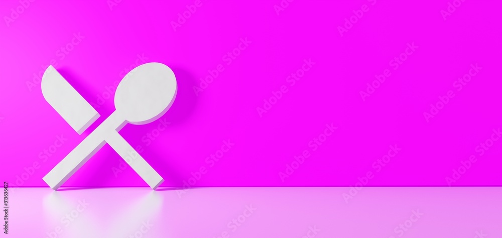 Poster 3d rendering of white symbol of restaurant icon leaning on color wall with floor reflection with emp