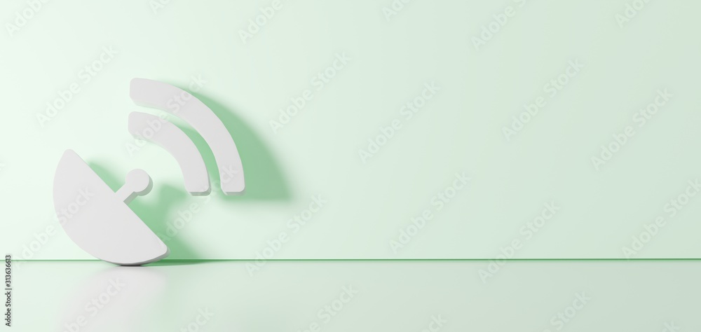 Poster 3d rendering of white symbol of satellite dish icon leaning on color wall with floor reflection with
