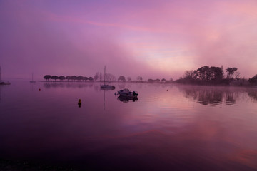 pink morning view of the lake fog sunrise in Carcans Maubuisson in water winter day