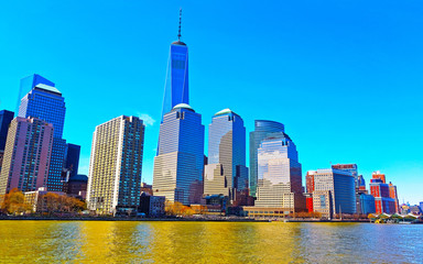Aerial panoramic view on Skyline with Skyscrapers in Downtown and Lower Manhattan, New York City, America USA. American architecture building. Panorama of Metropolis NYC. Cityscape. Hudson, East River