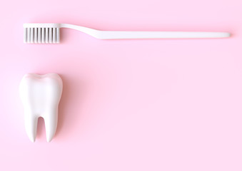 Toothbrush and white tooth on a pink background. Concept of dental examination teeth, dental health and hygiene. 3d rendering illustration