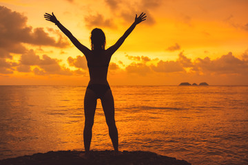 Fototapeta premium Woman's silhouette with raised arms against calm sunset beach