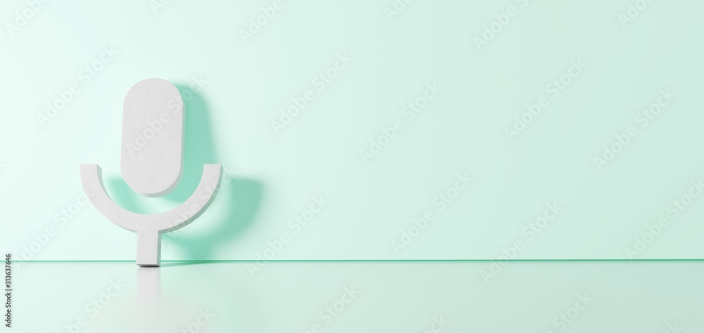 Poster 3D rendering of white symbol of sound  icon leaning on color wall with floor reflection with empty space on right side