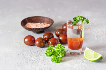 Bloody Mary cocktail and ingredients, copy space. Classic tomato cocktail with vodka. 