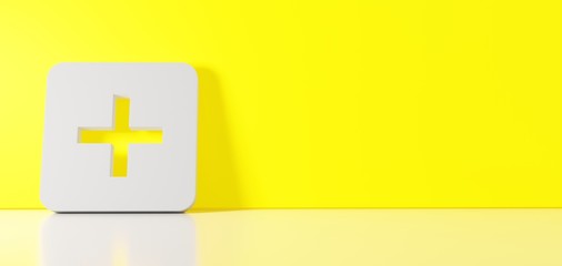 Obraz premium 3D rendering of white symbol of square add button icon leaning on color wall with floor reflection with empty space on right side