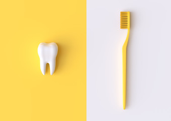 Toothbrush and white tooth on a yellow background. Concept of dental examination teeth, dental health and hygiene. 3d rendering illustration