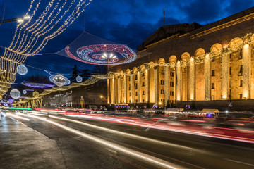 New Year decorations on the central avenue in Tbilisi - obrazy, fototapety, plakaty