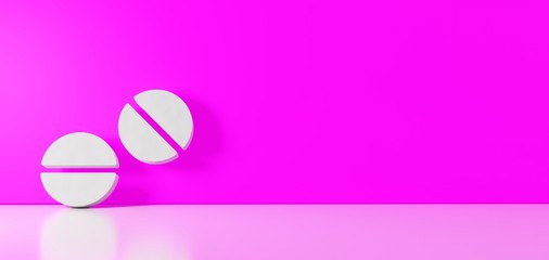 3D rendering of white symbol of tablets icon leaning on color wall with floor reflection with empty space on right side