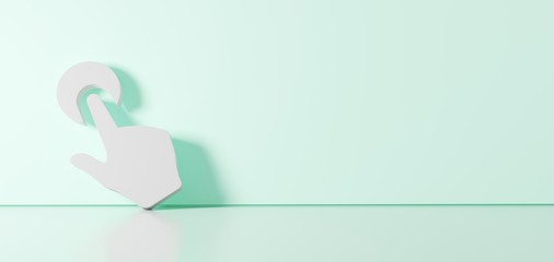 3D rendering of white symbol of tap icon leaning on color wall with floor reflection with empty space on right side