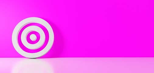 3D rendering of white symbol of target  icon leaning on color wall with floor reflection with empty space on right side