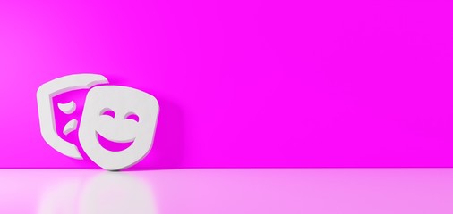 3D rendering of white symbol of theater masks icon leaning on color wall with floor reflection with empty space on right side