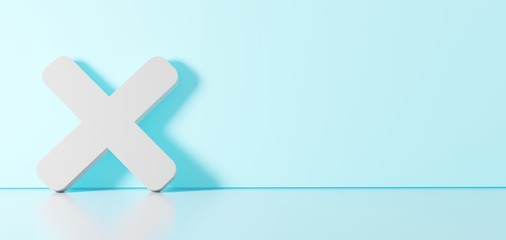 Obraz premium 3D rendering of white symbol of times icon leaning on color wall with floor reflection with empty space on right side