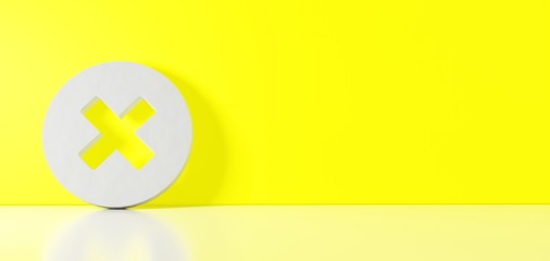 Fototapeta premium 3D rendering of white symbol of times circle icon leaning on color wall with floor reflection with empty space on right side