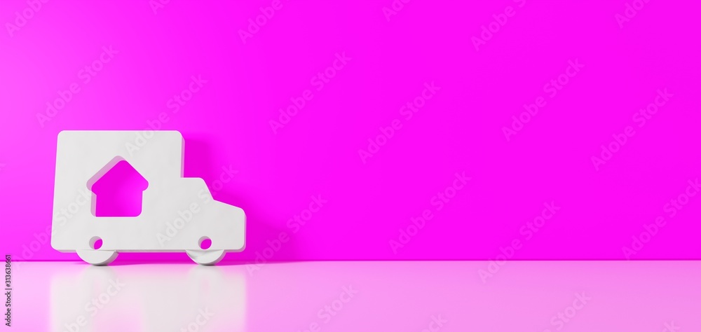 Poster 3d rendering of white symbol of truck icon leaning on color wall with floor reflection with empty sp