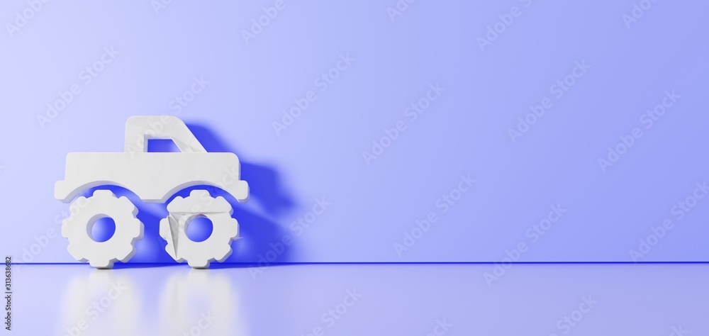 Poster 3d rendering of white symbol of truck monster icon leaning on color wall with floor reflection with 