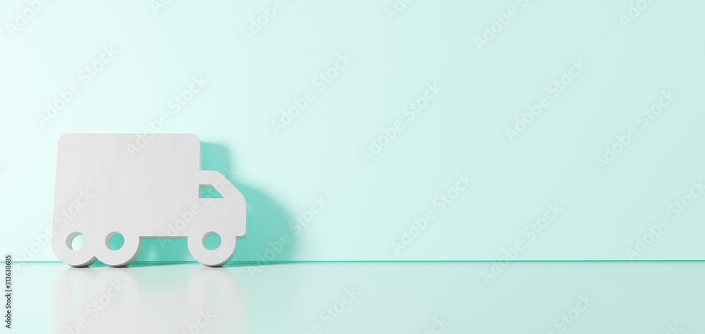 Poster 3d rendering of white symbol of truck moving icon leaning on color wall with floor reflection with e