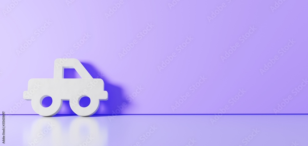 Poster 3d rendering of white symbol of truck pickup icon leaning on color wall with floor reflection with e