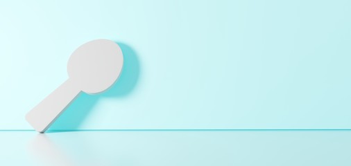 3D rendering of white symbol of utensil spoon icon leaning on color wall with floor reflection with empty space on right side