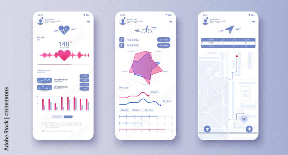 Fototapete different ui, ux, gui screens fitness app and flat web icons for mobile apps, responsive website inc