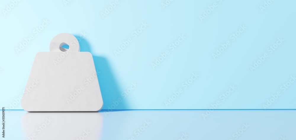 Poster 3d rendering of white symbol of weight hanging icon leaning on color wall with floor reflection with