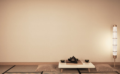 Mock up empty wall Ryokan living room japanese style with tatami mat floor and decoration.3D...