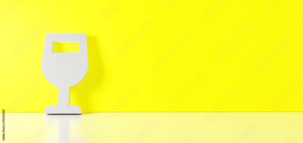 Poster 3d rendering of white symbol of wine glass alt icon leaning on color wall with floor reflection with