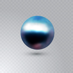 Vector illustration of single shiny natural blue sea oyster pearl with light effects isolated on transparent background. Beautiful 3D shining realistic pearl for luxury accessories.