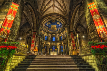 Maastricht, Netherlands. Interior of Basilica of Our Lady of the Assumption. The oldest church of the Netherlands. Construction started shortly after 1000 AD. Toning, HDR.