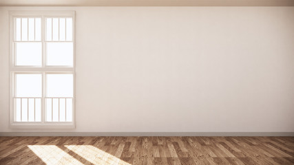 Empty room white on wooden floor interior design. 3D rendering