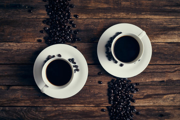 Top view of coffee cup on background..