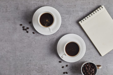 Top view of coffee cup on background..