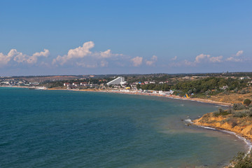 Fototapeta na wymiar View of Uchkuevka beach from Cape Tolstoy in Sevastopol, Crimea
