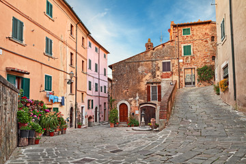 Castagneto Carducci, Livorno, Tuscany, Italy: picturesque corner of the village where he lived the poet Giosue Carducci - obrazy, fototapety, plakaty