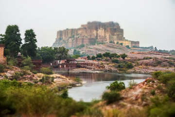 Fototapeta na wymiar Tilt shift lens - Jaisalmer Fort is situated in the city of Jaisalmer, in the Indian state of Rajasthan. It is believed to be one of the very few living forts in the world.