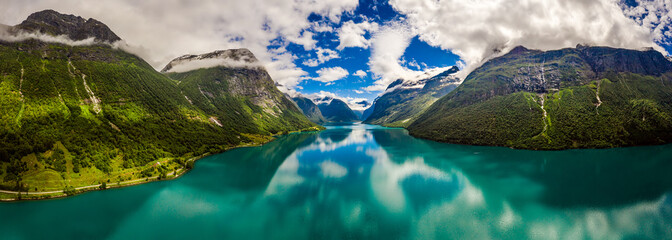 Panorama lovatnet lake Beautiful Nature Norway. - obrazy, fototapety, plakaty