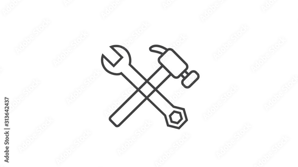 Poster Hammer and wrench outline icon animation video. Hand drawn like symbol animated with motion graphic, can be used as loop item, has alpha channel and it's at 4K video resolution.
