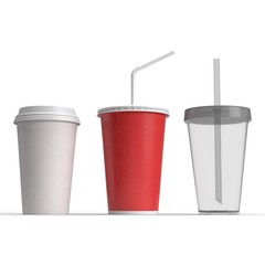 Set of realistic blank mock up paper cups with plastic lid. Coffee to go, take out mug. Vector illustration isolated and can be use for any backgrounds. 