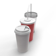 Set of realistic blank mock up paper cups with plastic lid. Coffee to go, take out mug. Vector illustration isolated and can be use for any backgrounds. 