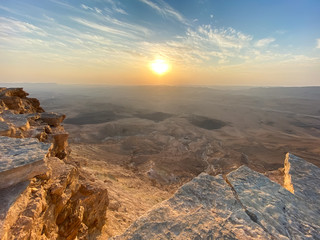 Sunrise in Negev Desert. View of the Makhtesh Ramon Crator at Mitzpe Ramon, Sothern Negev, Israel. - 313643473