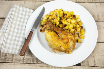 roasted chicken leg and hash browns