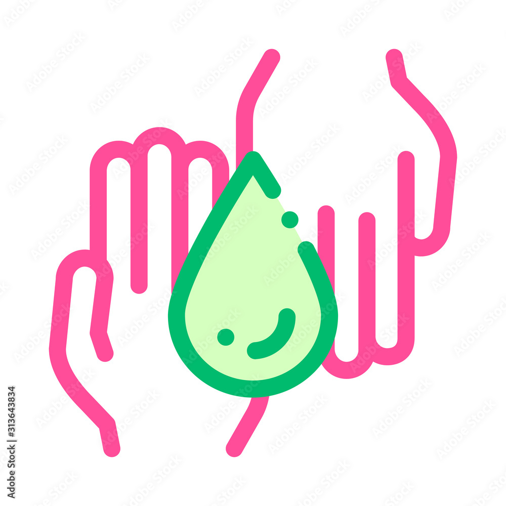 Sticker Hands And Drop Moisturizer Vector Thin Line Icon. Organic Cosmetic Moisturizer Cream, Natural Component Linear Pictogram. Eco-friendly, Cruelty-free Product, Molecular Analysis Contour Illustration