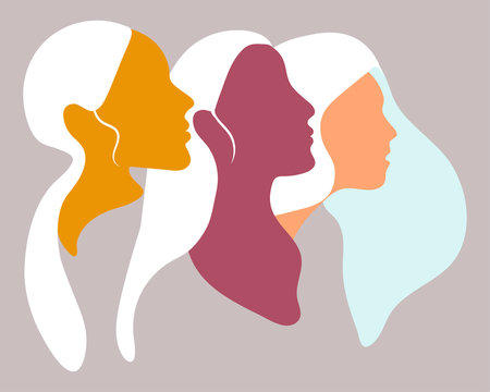 Powerful Woman Movement Face Character. Flat Design Style Vector Illustration Set Of Diverse Women Faces With White Hairs. Abstract Art