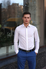 Fototapeta premium Male, man, guy, model, sexy, fashion, style, dress, elegant, mood, emotions, businessman, business man, face, portrait, shirt