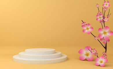 Fototapeta na wymiar Display background for Cosmetic product presentation. Empty showcase, 3d rendering illustration, Sakura flower.