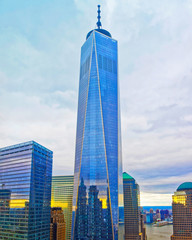 Skyline with Skyscrapers in Financial Center at Lower Manhattan, New York City, America. USA. American architecture building. Panorama of Metropolis NYC. Metropolitan Cityscape